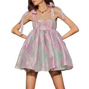Wolf & Badger Baby Doll Pink Floral Embossed Sz S Coquette Fairy Bow Puff Dress